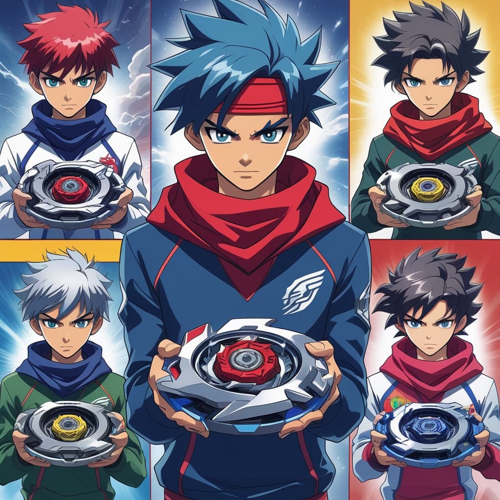 Koláž pěti anime bladerů reprezentujících generace Beyblade